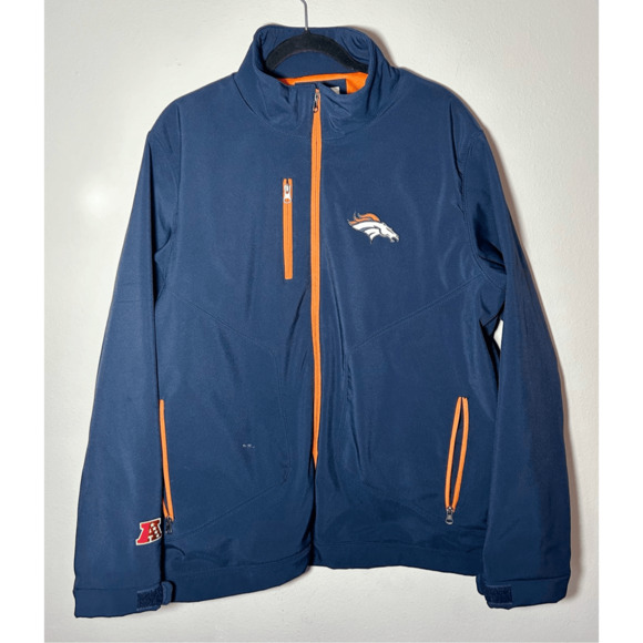 Denver Broncos NFL Full Zip Soft Shell Blue & Orange Embroidered Jacket Sz L - Picture 1 of 11